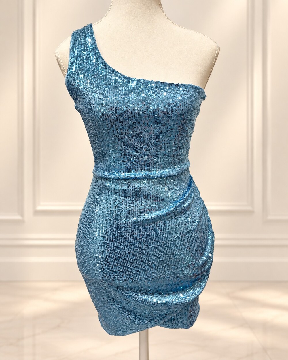 Homecoming One Shoulder Blue Sequin Mini Dress with Sash Belt